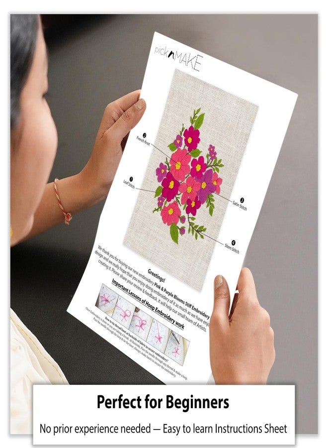 picknMAKE Hoop-Free DIY Hand Embroidery Kit for Beginners & Adults | Floral Design on Stiff Jute Fabric | Includes 7 Threads, Needles, Cutter & Instruction Sheet | No Hoop Required Sewing & Craft Kit - Image 3